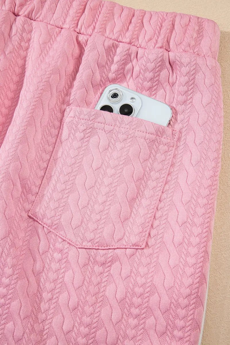 Pink Contrast Trim Textured Crewneck Tee And Pocketed Skirt Set - Love Salve